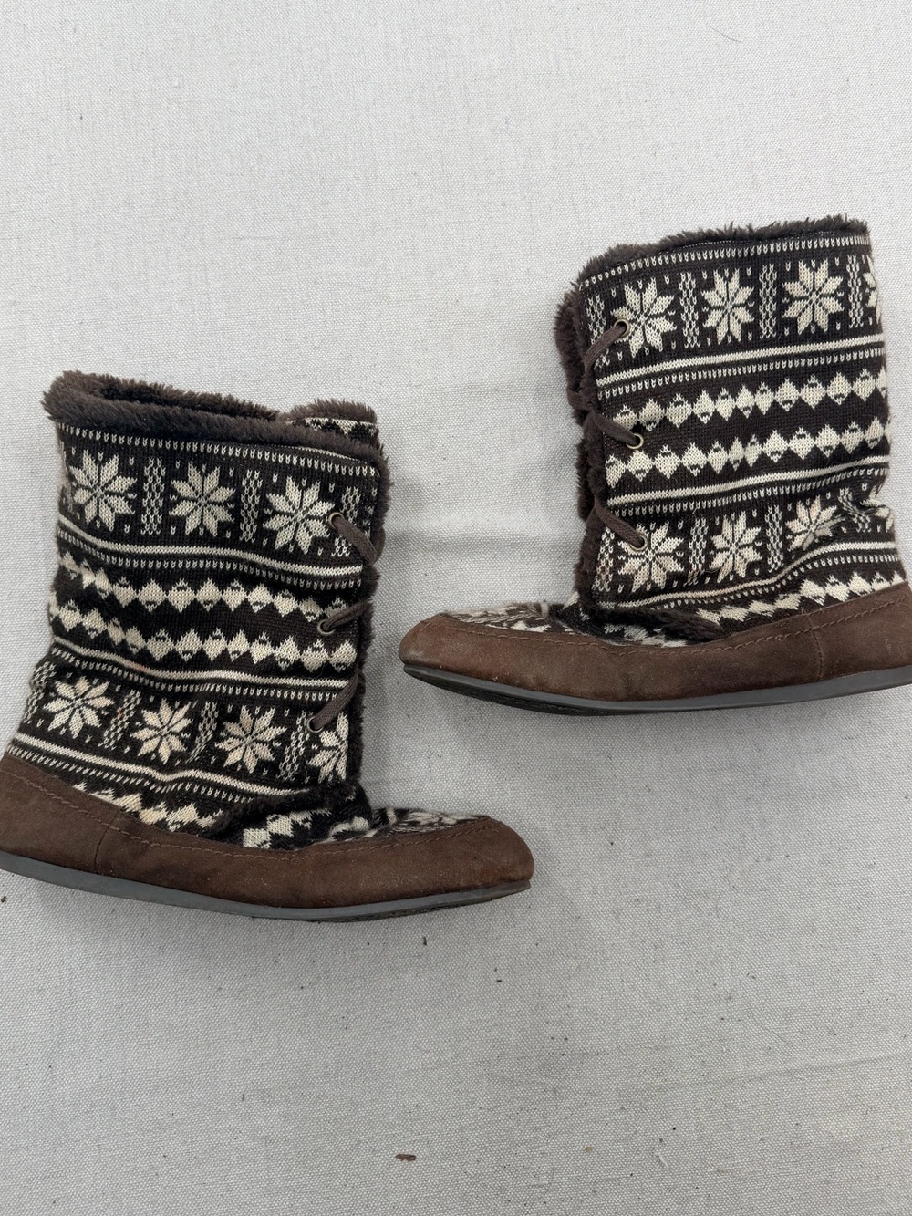 Lucky Brand Brown and Cream Knit Faux-Fur Winter Booties